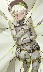  1girl absurdres beret bow broken_mirror crossed_bangs doll_joints dushevnaya_(girls&#039;_frontline_2) dushevnaya_(neural_cloud) english_commentary filigree girls&#039;_frontline_2:_exilium girls&#039;_frontline_neural_cloud girls_frontline green_bow hair_between_eyes hair_bow hat highres holding holding_picture_frame invertedqueen joints ksvk_(girls&#039;_frontline) mechabare mirror painting_(object) picture_frame robot_girl robot_joints solo white_hair yellow_eyes 