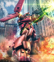  aiming artist_request battle beam_rifle building cable cityscape clouds cloudy_sky damaged debris destruction energy energy_beam energy_gun explosion firing gundam highres lens_flare machinery marasai mecha mecha_focus mobile_suit muzzle_flash one-eyed radio_antenna realistic robot science_fiction sky titans_(gundam) weapon zeta_gundam 