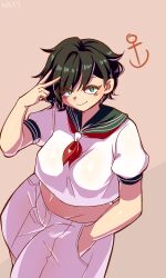  1girl absurdres anchor_symbol black_hair breasts brown_background bulletcamera collared_shirt cowboy_shot dutch_angle green_eyes hand_in_pocket highres large_breasts looking_at_viewer midriff murasa_minamitsu neckerchief no_headwear red_neckerchief shirt short_hair short_sleeves shorts smile touhou v white_shirt white_shorts 