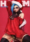 1girl absurdres aran_sweater black_legwear black_panties black_scarf blue_hair blue_nails christmas cloak_removed cover earrings english_text eyeshadow fake_magazine_cover freckles fringe_trim hat highres jewelry jinx_(league_of_legends) league_of_legends lips lipstick long_hair magazine_cover makeup mascara monori_rogue nail_polish no_pants nose off-shoulder_sweater off_shoulder panties pink_eyes red_background red_sweater ribbon_panties santa_hat scarf solo sweater thick_thighs thigh-highs thighs underwear very_long_hair 