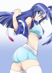  1girl absurdres ass bare_shoulders belt blue_background blue_hair blue_jacket blue_shorts breasts cropped_jacket emmxd325 gradient gradient_background hair_between_eyes highres jacket kazanari_tsubasa long_hair looking_at_viewer medium_breasts senki_zesshou_symphogear short_shorts shorts side_ponytail skin_tight smile solo sports_bra symphogear_pendant thigh-highs white_belt 