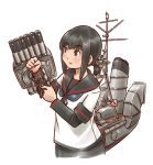  1girl adapted_turret anchor_symbol arm_warmers black_eyes black_hair black_sailor_collar black_skirt commentary_request cowboy_shot fubuki_(kantai_collection) heart_lock_(kantai_collection) kantai_collection karasu_(naoshow357) long_hair low_ponytail machinery mast ponytail remodel_(kantai_collection) sailor_collar school_uniform serafuku short_ponytail sidelocks simple_background skirt smokestack solo torpedo_launcher upper_body white_background 