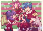  1boy 2girls antlers bell blue_hair blush_stickers bow box brown_gloves closed_eyes dragon_wings dress facial_mark fae_(fire_emblem) fire_emblem fire_emblem:_mystery_of_the_emblem fire_emblem:_the_binding_blade fire_emblem:_the_sacred_stones fire_emblem_heroes forehead_mark from_side fur_trim gift gift_box gloves highres holding kiriya_(552260) long_sleeves marth_(fire_emblem) multi-tied_hair multiple_girls myrrh_(fire_emblem) open_mouth pointy_ears purple_hair red_eyes red_gloves reindeer_antlers short_hair short_sleeves snowflakes tiara twintails twitter_username wings 