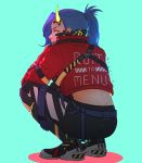  1girl ass blue_background blue_hair cyberpunk cyborg from_behind gloves horn jacket koyorin long_hair looking_at_viewer looking_back multicolored multicolored_eyes original ponytail red_eyes signature solo squatting 