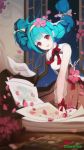  1girl aqua_hair bangs blue_hair bow bowtie braid breasts brush collar commentary_request drawshow dress eyebrows_visible_through_hair flower hair_flower hair_ornament hatsune_miku highres holding holding_brush long_hair long_sleeves looking_at_viewer night open_mouth paper petals pink_flower red_bow red_eyes red_neckwear remilia_scarlet ribbon see-through sky smile solo star_(sky) starry_sky teeth touhou twin_braids vocaloid window 