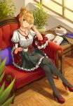  ;) bangs black_legwear book cake closed_mouth couch eyebrows_visible_through_hair fate/grand_order fate_(series) food green_eyes hoodier indoors jewelry looking_at_viewer necklace nero_claudius_(fate) nero_claudius_(fate)_(all) on_couch one_eye_closed pantyhose plant plate potted_plant saucer slice_of_cake smile window wooden_floor 