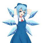  1girl absurdres arms_behind_head blue_bow blue_dress blue_eyes blue_hair bow cirno cowboy_shot dress hair_between_eyes hair_bow highres ice ice_wings looking_at_viewer open_mouth red_neckwear round_teeth seelenfresserin short_hair short_sleeves solo teeth touhou white_background wings 