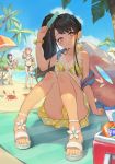  3girls absurdres arm_support ball beach beach_chair beach_towel beach_umbrella beachball bead_bracelet beads bikini bikini_skirt black_hair blue_shirt blue_sky bracelet bright_pupils brown_eyes c-ms_(girls_frontline) can closed_mouth clouds cloudy_sky commentary crab dappled_sunlight day eyewear_on_head food girls_frontline head_tilt highres holding holding_ball holding_food huge_filesize innertube jewelry light_frown looking_at_viewer m16a1_(girls_frontline) mismatched_bikini mole mole_under_eye multiple_girls nail_polish ocean off_shoulder one-piece_swimsuit open_mouth outdoors palm_tree pink_hair polka_dot polka_dot_bikini popsicle r93_(girls_frontline) sandals shade shirt side_ponytail sitting skirt sky smile soda_can solo_focus sunglasses sunlight swimsuit table toenail_polish towel tree tshna umbrella white_footwear white_pupils yellow_bikini yellow_nails yellow_skirt 