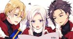  1girl 2boys alternate_costume blonde_hair blue_eyes box brown_hair claude_von_riegan dark_skin dark_skinned_male dimitri_alexandre_blaiddyd earrings edelgard_von_hresvelg fire_emblem fire_emblem:_three_houses fur_trim gift gift_box green_eyes hair_ribbon holding jewelry long_hair multiple_boys naho_(pi988y) open_mouth parted_lips ribbon short_hair simple_background twitter_username upper_body violet_eyes 