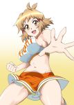  1girl :d absurdres breasts brown_eyes brown_hair cheerleader clenched_hand emmxd325 gradient gradient_background hair_ornament hairclip highres large_breasts looking_at_viewer midriff navel open_mouth orange_skirt senki_zesshou_symphogear short_hair sideboob skirt smile solo tachibana_hibiki_(symphogear) yellow_background 