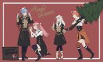  4girls anna_(fire_emblem) belt black_gloves blue_hair boots box braid brown_eyes christmas_lights closed_mouth crown_braid eating fire_emblem fire_emblem:_three_houses fork from_side fur_trim garreg_mach_monastery_uniform gloves hat highres hilda_valentine_goneril holding holding_fork holding_plate leonie_pinelli long_hair long_sleeves lysithea_von_ordelia marianne_von_edmund merry_christmas multiple_girls one_knee open_mouth orange_eyes orange_hair pink_eyes pink_hair plate pom_pom_(clothes) red_headwear sakuuremi santa_hat short_hair simple_background thigh-highs tree twintails uniform white_hair 