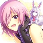  1girl :d animal animal_on_back black_gloves elbow_gloves fate/grand_order fate_(series) fou_(fate/grand_order) gloves hair_over_one_eye hand_in_hair long_hair looking_at_viewer mash_kyrielight open_mouth pink_hair riako sleeveless smile solo violet_eyes 