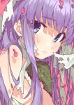  1girl bandages bangs bare_shoulders blue_eyes blush closed_mouth crying crying_with_eyes_open dripping fate/extra fate/extra_ccc fate/grand_order fate_(series) from_side kingprotea long_hair looking_at_viewer moss petals pink_background purple_hair simple_background solo tears teshima_nari upper_body 