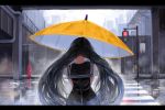  1girl black_hair facing_away from_behind highres letterboxed long_hair original outdoors rain sailor_collar sleeveless solo traffic_light twintails umbrella window1228 