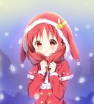  1girl blush christmas closed_mouth commission deyui eyebrows_visible_through_hair gochuumon_wa_usagi_desu_ka? long_hair long_sleeves looking_at_viewer natsu_megumi red_eyes redhead santa_costume second-party_source smile snowflakes solo upper_body 