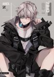  1boy belt black_footwear black_jacket closed_mouth collarbone eyepatch grey_hair jacket male_focus original pink_eyes shirt short_shorts shorts sitting sleeves_past_wrists solo white_shirt yooroongoo 