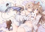  2girls :3 animal_ear_fluff animal_ears bed_sheet black_camisole blush brown_eyes brown_hair camisole cat_ears cat_girl cat_tail closed_mouth commentary_request demon_girl demon_tail demon_wings hair_ornament hairclip highres holding holding_stuffed_animal hood hood_down hooded_jacket jacket leo_(mafuyu) long_hair looking_at_viewer mafuyu_(chibi21) multicolored_hair multiple_girls no_shoes off_shoulder one_eye_closed open_clothes open_jacket original pillow pink_camisole purple_hair purple_wings ruty_(mafuyu) short_shorts shorts streaked_hair striped striped_jacket striped_legwear striped_shorts stuffed_animal stuffed_cat stuffed_toy tail very_long_hair violet_eyes white_legwear wings 