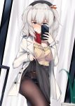  1girl :q alternate_costume bangs beret black_legwear black_nails black_panties blouse blue_eyes blush breasts casual cellphone grey_skirt hat highres holding holding_phone jacket kagura_miyabi kantai_collection kashima_(kantai_collection) large_breasts lifted_by_self long_hair long_sleeves looking_at_viewer open_clothes open_jacket panties pantyhose phone red_scarf scarf sidelocks silver_hair skirt skirt_lift smartphone smile solo standing tongue tongue_out tsurime twintails underwear wavy_hair white_jacket yellow_blouse 