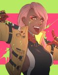  1girl breasts cropped_jacket cyberpunk cyborg fangs jacket koyorin leotard long_hair looking_at_viewer mechanical_hands medium_breasts open_clothes open_jacket open_mouth original pink_hair signature symbol-shaped_pupils tongue tongue_out two-tone_background upper_body yellow_eyes 