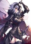  1girl ahoge armor armored_dress bangs black_armor black_cape black_dress black_legwear breasts cape chain dress fate/grand_order fate_(series) flag fur-trimmed_cape fur_collar fur_trim gauntlets grin hair_between_eyes headpiece heirou jeanne_d&#039;arc_(alter)_(fate) jeanne_d&#039;arc_(fate)_(all) large_breasts looking_at_viewer plackart short_hair silver_hair simple_background smile solo sword thigh-highs weapon white_background yellow_eyes 