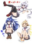  3girls :d ahoge black_legwear blue_eyes blush brown_footwear brown_hair emmxd325 full_body hair_between_eyes hair_ornament hairclip high_heels highres kazanari_tsubasa long_hair low_twintails lydian_academy_uniform multiple_girls one_eye_closed open_mouth panties pantyshot pantyshot_(squatting) purple_hair red_footwear school_uniform senki_zesshou_symphogear short_sleeves side_ponytail skirt smile squatting tachibana_hibiki_(symphogear) thigh-highs translated twintails underwear very_long_hair violet_eyes white_background yukine_chris 