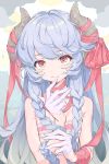  1girl bare_shoulders blue_hair bow clouds eyebrows_visible_through_hair gloves half_gloves highres horns long_hair original parted_lips purple_gloves red_bow red_eyes red_ribbon ribbon sansaro_rii solo sparkle sun upper_body 