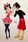  1boy 1girl :d black_eyes black_hair black_legwear character_name chihiro_howe closed_mouth commentary couple disney double_bun english_commentary eye_contact flat_chest flower full_body gijinka gloves hair_ribbon happy hetero highres holding holding_flower looking_at_another looking_to_the_side mickey_mouse mickey_mouse_(series) minnie_mouse open_mouth pantyhose personification polka_dot_ribbon red_ribbon red_shorts ribbon shoes short_hair shorts smile standing traditional_media white_gloves yellow_footwear 