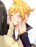  1boy 1girl artist_name bass_clef black_collar black_sleeves blonde_hair blush brown_hair closed_eyes collar commentary detached_sleeves facing_another grin hands_on_another&#039;s_face hands_up kagamine_len master_(vocaloid) medium_hair nail_polish necktie nokuhashi open_mouth ribbed_sleeves sailor_collar school_uniform shirt short_hair short_ponytail short_sleeves smile spiky_hair sweater upper_body vocaloid white_shirt yellow_nails yellow_sweater 
