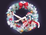  1girl aqua_hair azto_dio black_background blue_eyes bow candy candy_cane cape christmas_ornaments dress earrings eirika_(fire_emblem) fire_emblem fire_emblem:_the_sacred_stones fire_emblem_heroes food fur_trim hat high_heels highres jewelry long_hair parted_lips pom_pom_(clothes) red_bow red_headwear santa_costume santa_hat simple_background solo 