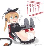  1girl ahenn aqua_eyes black_legwear black_skirt blonde_hair blush commentary_request eyebrows_visible_through_hair flying_sweatdrops hair_between_eyes hat kantai_collection long_hair low_twintails military military_uniform open_mouth panties peaked_cap pleated_skirt prinz_eugen_(kantai_collection) simple_background skirt solo thigh-highs translated twintails twitter_username underwear uniform white_background white_panties 
