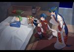  1girl 2boys bed blue_hair book boots box brother_and_sister closed_eyes closed_mouth dress earrings elice_(fire_emblem) finger_to_mouth fingerless_gloves fire_emblem fire_emblem:_mystery_of_the_emblem fire_emblem_11 fire_emblem_3 fire_emblem_heroes fire_emblem_shadow_dragon from_side fur_trim gift gift_box gloves green_hair highres holding intelligent_systems jewelry kyufe long_hair long_sleeves marth_(fire_emblem) merric_(fire_emblem) multiple_boys nintendo one_knee parted_lips pillow short_hair short_sleeves shushing siblings sleeping super_smash_bros. tiara 