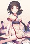  1girl animal_ears black_hair commentary_request eruruw japanese_clothes legs leilin long_hair looking_at_viewer low-tied_long_hair orange_eyes short_sleeves sitting solo tail utawareru_mono 