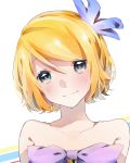  1girl bangs blonde_hair blue_eyes closed_mouth collarbone eyebrows_visible_through_hair kagamine_rin looking_at_viewer manya_sora portrait shiny shiny_hair short_hair simple_background smile solo strapless swept_bangs vocaloid white_background 