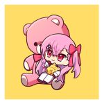  bow chibi girls_frontline hair_ribbon long_hair negev_(girls_frontline) one_side_up pink_hair red_bow red_eyes ribbon sitting smile stuffed_animal stuffed_toy teddy_bear tsugu_(tuguojis) 