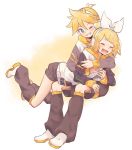  1boy 1girl bangs black_shorts blonde_hair blue_eyes bow closed_eyes commentary fang full_body grin hair_bow hair_ornament hairclip happy highres holding_another hood hoodie hug kagamine_len kagamine_rin leg_warmers looking_at_another lying_on_person m0ti one_eye_closed shoes short_hair short_ponytail short_shorts shorts smile spiky_hair swept_bangs vocaloid white_bow white_footwear 
