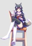  1girl absurdres animal_ear_fluff animal_ears bangs black_hair blazer blue_eyes book boy_(pixiv17542438) chair crossed_legs cup eyebrows_visible_through_hair from_below full_body fur_collar gloves grey_background grey_wolf_(kemono_friends) hand_up heterochromia highres holding holding_cup jacket kemono_friends long_hair long_sleeves looking_at_viewer miniskirt multicolored_hair open_book open_mouth panties pantyshot pantyshot_(sitting) plaid plaid_skirt simple_background sitting skirt solo striped striped_panties tail thigh-highs toes two-tone_hair underwear white_hair wolf_ears wolf_girl wolf_tail yellow_eyes 