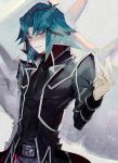  1boy aoki_(fumomo) belt black_belt black_coat black_shirt blue_hair grey_eyes long_hair long_sleeves looking_at_viewer male_focus parted_lips shirt solo tenjouin_fubuki yuu-gi-ou yuu-gi-ou_gx 