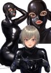  1girl blush bodysuit brown_eyes brown_hair eyebrows_visible_through_hair gimp_mask gimp_suit highres kilye_4421 latex latex_bodysuit looking_at_viewer original parted_lips shiny shiny_clothes short_hair skin_tight smile solo 