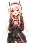  :3 armband black_skirt blonde_hair blush commentary_request doll eyebrows_visible_through_hair fang gauntlets girls_frontline gloves hair_between_eyes hair_ribbon headgear highres holding holding_doll honyang jacket korean_text long_hair looking_at_viewer m4_sopmod_ii_(girls_frontline) m4_sopmod_ii_jr multicolored_hair o_o open_mouth pantyhose red_eyes red_ribbon redhead ribbon scarf sidelocks skirt streaked_hair white_background 