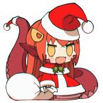  1girl :d blush_stickers chibi christmas commentary english_commentary fangs hair_ornament hairclip hat highres lamia loen-lapae long_hair long_sleeves meme miia_(monster_musume) monster_girl monster_musume_no_iru_nichijou open_mouth padoru pointy_ears red_headwear redhead sack santa_costume santa_hat simple_background skin_fangs smile solo standing tail white_background yellow_eyes 