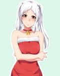  1girl alternate_costume aqua_background brown_eyes closed_mouth crossed_arms fire_emblem fire_emblem_awakening fur_trim highres robin_(fire_emblem) robin_(fire_emblem)_(female) seityr simple_background smile solo twintails upper_body white_hair 