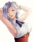  anastasia_palma armpits arms_behind_head blue_eyes bow bracelet breasts earrings highres hoop_earrings jewelry kurosuke_(kun9232) large_breasts sakura_taisen shin_sakura_taisen short_hair sleeveless tan upper_body white_hair 