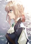  1girl 55level absurdres bangs blonde_hair blue_eyes braid breasts commentary_request eyebrows_visible_through_hair from_side hair_between_eyes hair_ribbon highres huge_filesize jewelry medium_breasts red_ribbon ribbon short_hair solo tears violet_evergarden violet_evergarden_(character) 