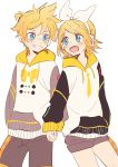  1boy 1girl bangs black_shorts blonde_hair blue_eyes bow bowtie commentary cowboy_shot fang grin hair_bow hair_ornament hairclip headphones highres holding_hands hood hoodie kagamine_len kagamine_rin keyboard_print light_blush looking_at_another m0ti necktie open_mouth short_hair short_ponytail short_shorts shorts smile spiky_hair swept_bangs treble_clef vocaloid white_bow 