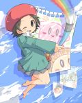  1girl adeleine barefoot blush_stickers brown_hair clouds collared_shirt commentary_request hat holding holding_paintbrush kirby kirby_(series) maxim_tomato miniskirt one_eye_closed oosuzu_aoi outstretched_arm paintbrush painting palette paper rainbow red_headwear shadow shirt short_hair skirt sky smile solo_focus teeth thighs waddle_dee 