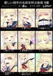  1girl blonde_hair blush boku_no_hero_academia cardigan chart closed_eyes crying double_bun expression_chart eyebrows_visible_through_hair fangs grin highres long_sleeves multiple_views open_mouth remon17717 smile tears toga_himiko yellow_eyes 
