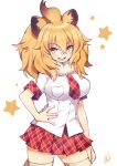  1girl animal_ears blonde_hair blush commentary_request cowboy_shot eyebrows_visible_through_hair fang fur_collar hand_on_hip hatagaya kemono_friends lion_(kemono_friends) lion_ears lion_girl lion_tail necktie open_mouth plaid plaid_neckwear plaid_skirt plaid_trim pleated_skirt shirt short_hair short_sleeves skirt solo t-shirt tail thigh-highs white_legwear white_shirt zettai_ryouiki 