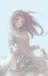  1girl blue_sky blush brown_hair dress eyebrows_visible_through_hair frilled_dress frills highres long_hair mountain original outdoors parted_lips seol sky solo violet_eyes white_dress 