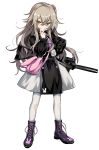  1girl alternate_costume animal_ears animal_print bag bangs black_dress blush boots bunny_print buttons closed_mouth commentary_request crossed_bangs dress eyebrows_visible_through_hair full_body girls_frontline grey_hair gun h&amp;k_ump h&amp;k_ump45 hair_between_eyes hair_ribbon hand_on_hip highres long_hair long_sleeves looking_at_viewer manarou messy_hair pantyhose pouch puffy_sleeves purple_footwear purple_ribbon rabbit_ears ribbon scar scar_across_eye shoulder_bag sidelocks simple_background skirt smile solo standing submachine_gun suppressor two-tone_dress ump45_(girls_frontline) v weapon weapon_on_back white_background white_dress white_legwear yellow_eyes younger 