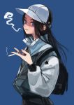  1girl baseball_cap black_hair blue_bow blue_eyes bow cigarette hat highres long_hair looking_at_viewer original simple_background smoking solo window1228 